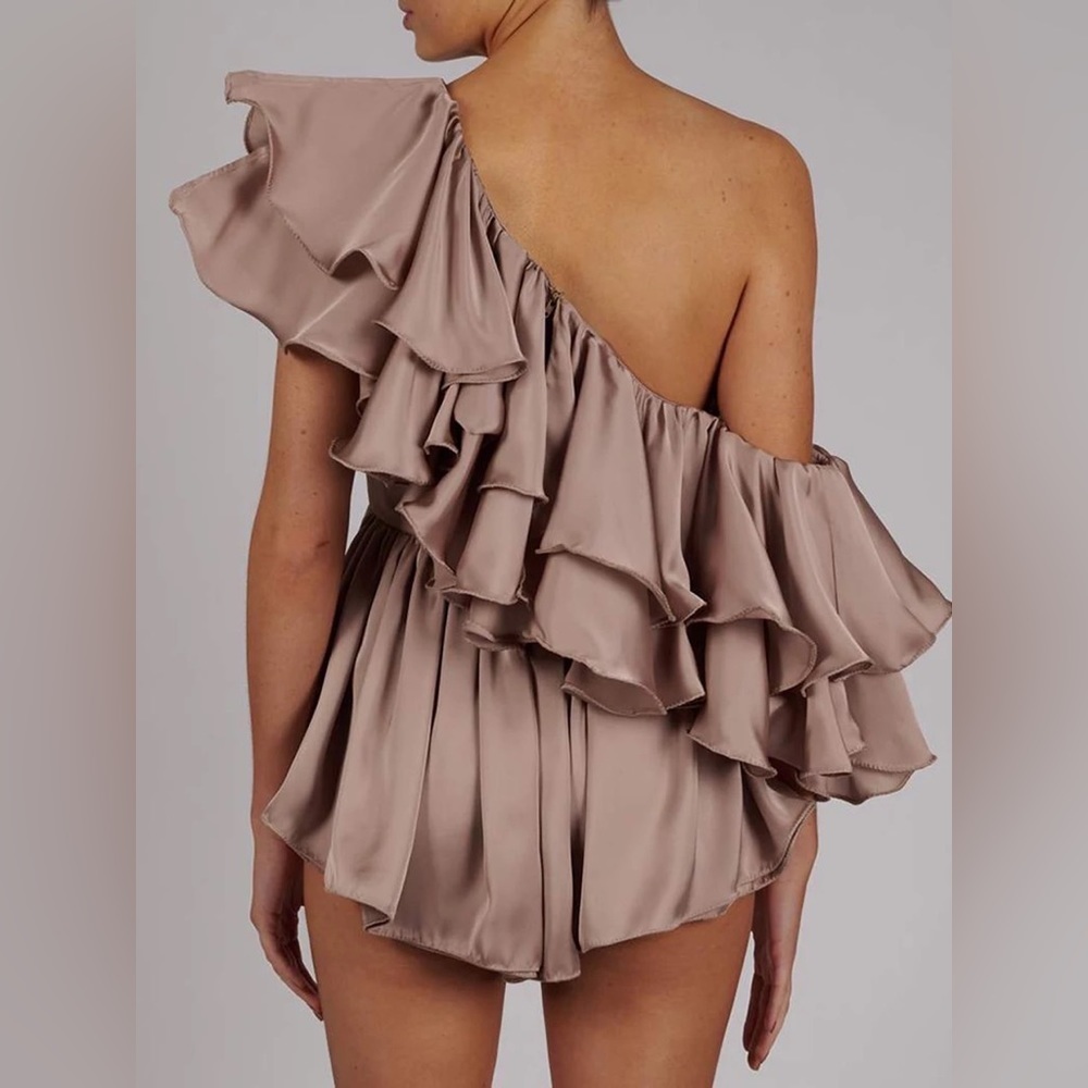 Women Elegant Ruffles Solid Jumpsuit In Khaki Sizes S - Picture 2 of 6